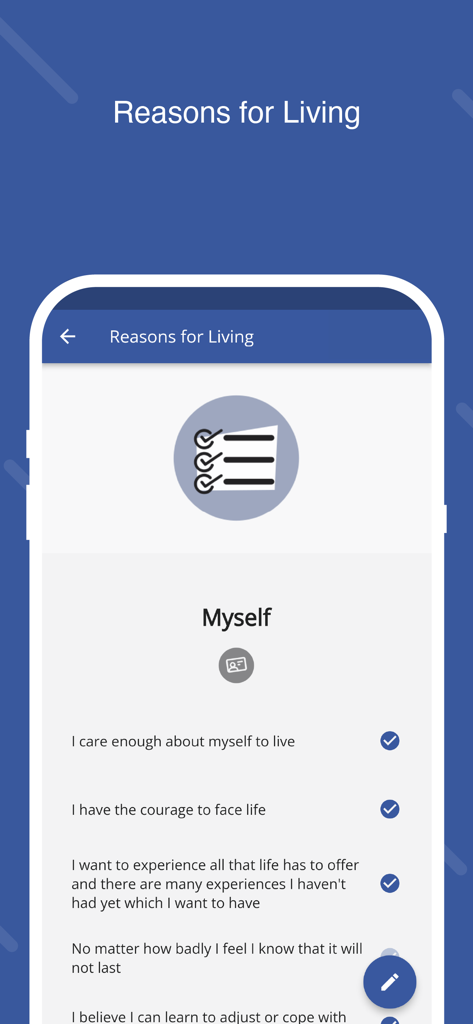 Stay Alive - Stay Aliveアプリのスクリーンショット。「Reasons for Living」機能に、肯定的なアファメーションのチェックリストが表示されています。