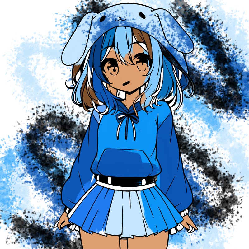 pretty anime girl wearing a fluffy hoodie with bunny ears on the hood and a skirt