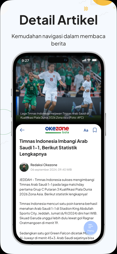 Okezone.com News - Screenshot of the Okezone news app displaying a sports article about the Indonesian national soccer team match