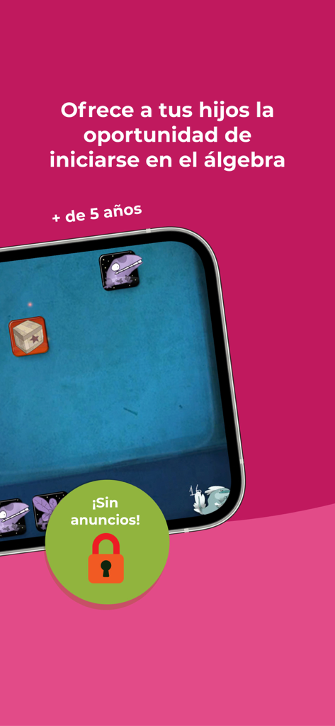 Captura de pantalla educativa de la aplicación Kahoot! Algebra by DragonBox que muestra acertijos matemáticos y una insignia sin publicidad para niños