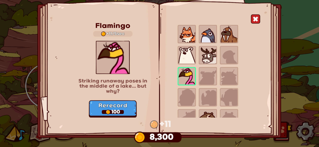 A digital book interface in the MyVoiceZoo game showing a flamingo profile with a rerecord button and a grid of unlocked animals like a penguin and walrus.