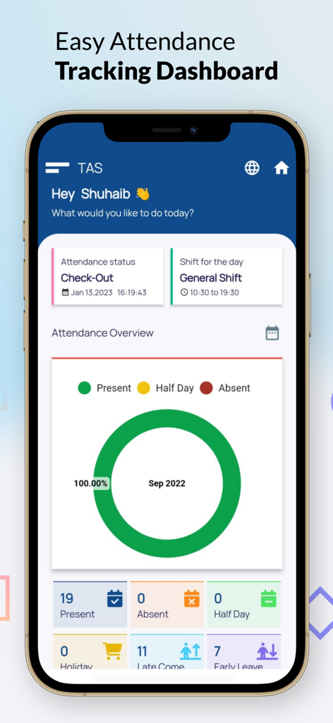 DOTS GO+ - DOTS GO app mobile dashboard showing attendance status check out time and monthly summary chart