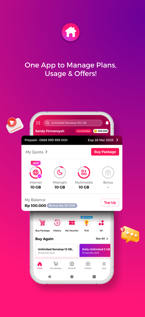 Screenshot of the MySmartfren app dashboard showing mobile data quotas account balance and top up options
