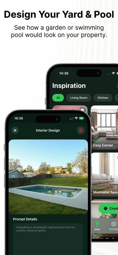 Renova AI: Room Redesign - Interface do aplicativo móvel para reforma de quintal e piscina com IA com inspiração de design de interiores