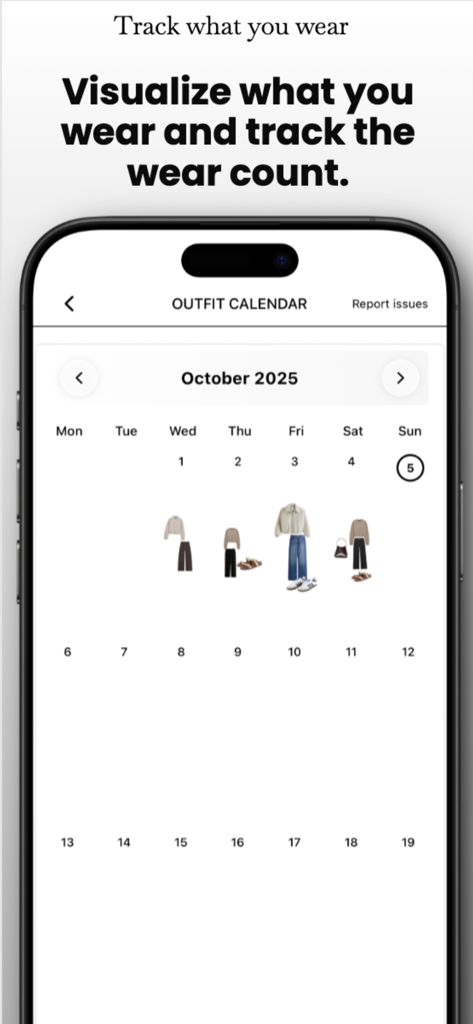 StylVerse - AI Outfit Planner - Calendario digital de atuendos en la aplicación StylVerse mostrando looks programados y seguimiento de uso para el mes