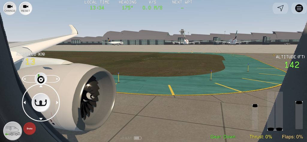 Flight Simulator Advanced - A realistic view of an airplane engine and wing while taxiing at a terminal in Flight Simulator Advanced