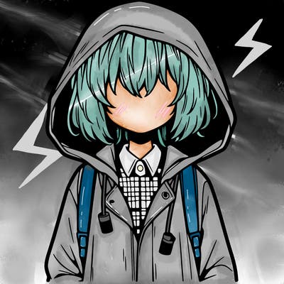little anime girl in a raincoat her hair is covering her eyes she has a lighter