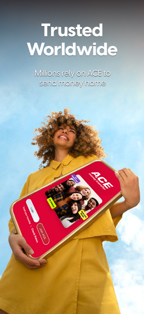A woman holding a large smartphone displaying the ACE Money Transfer app interface with a slogan that says Trusted Worldwide