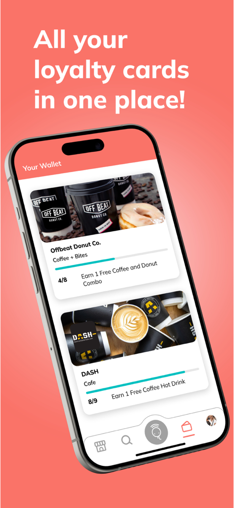 Interfaccia dell'app SQUID Rewards che mostra le carte fedeltà digitali in un portafoglio mobile.