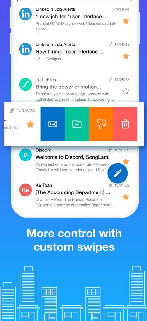Mobile email inbox showing customizable swipe actions for quick management.