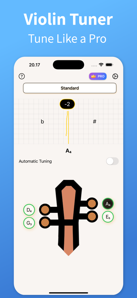 Violin Tuner - TuneGuide - Violin Tuner app interface showing a tuning needle and headstock pegs