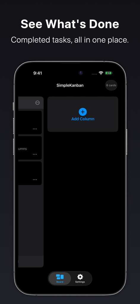 SimpleKanban: Tasks Board - Interface do quadro de tarefas SimpleKanban no iPhone em modo escuro com botão de adicionar coluna