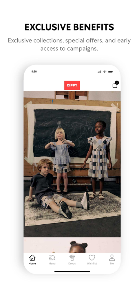 Zippy Kidstore mobile app interface showing exclusive member benefits and kids clothing collections