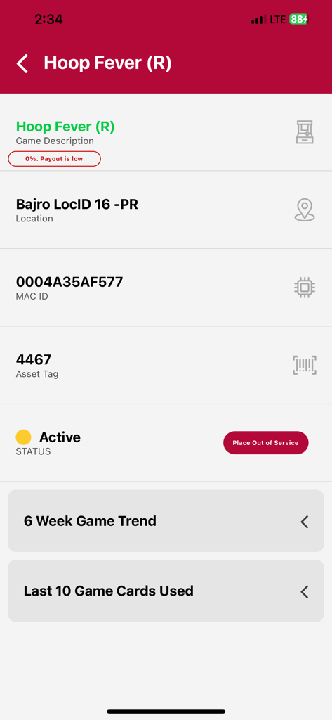 Intercard iService app interface showing maintenance details and status for an arcade game machine named Hoop Fever.