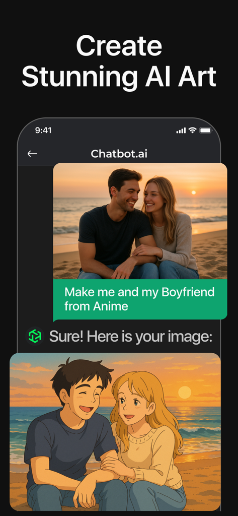 Interfaccia dell'app ChatBot AI che mostra una foto reale di una coppia trasformata in un'illustrazione in stile anime