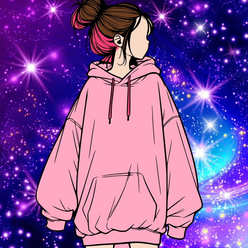 realistic girl with a oversized sweatshirt on and a bun