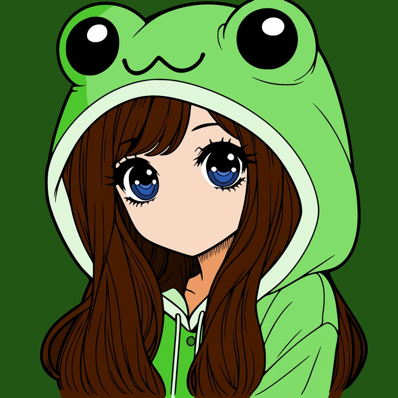 a pretty girl wearing a frog hoodie portrait with long hair