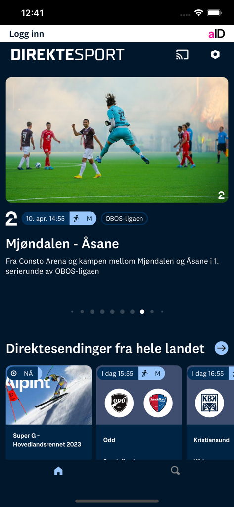 Direktesport - Direktesport app interface displaying live Norwegian soccer and alpine skiing broadcasts