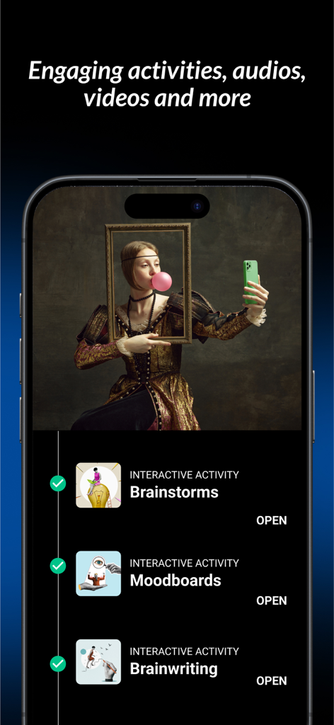 Learning Cloud LMS - Ein Screenshot der Learning Cloud LMS App-Oberfläche, der interaktive berufliche Entwicklungsaktivitäten wie 'Brainstorms' und 'Moodboards' zeigt