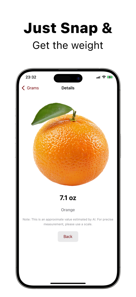 Mobile app interface showing an orange with its estimated weight of 7.1 oz using AI technology