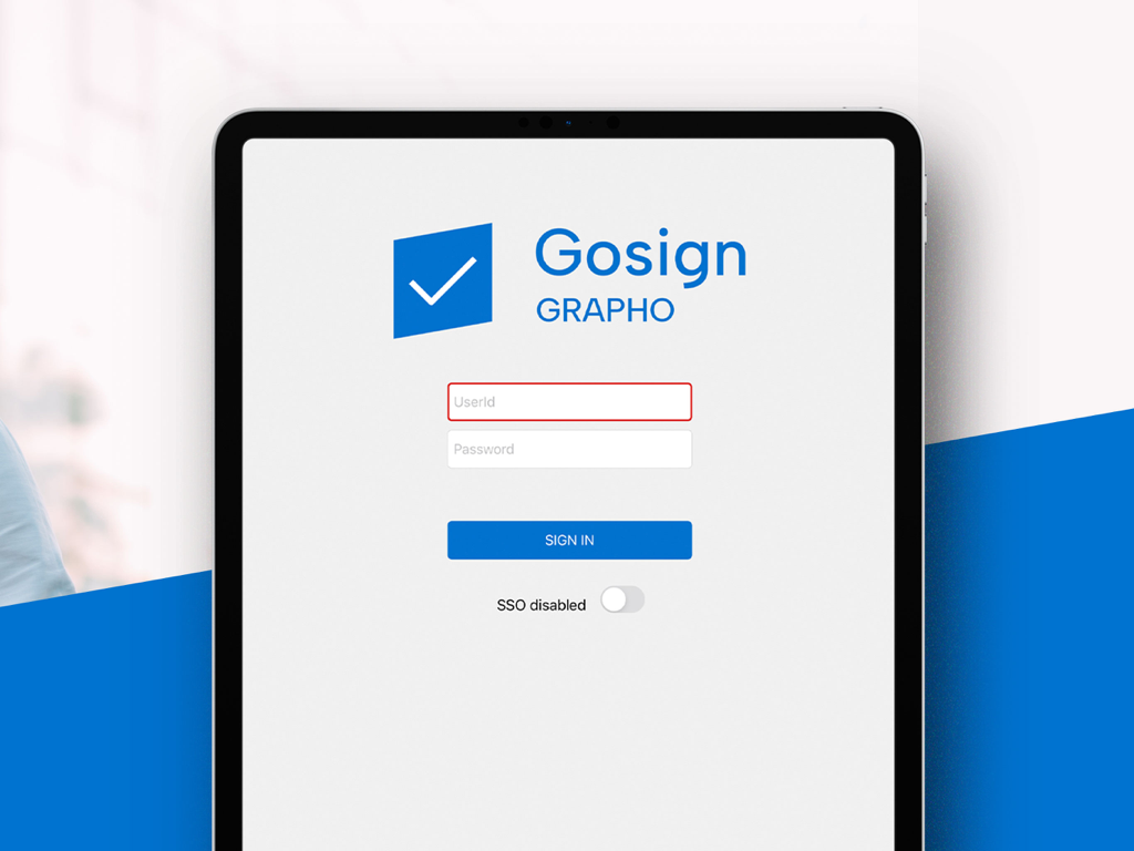 GoSign Grapho - Schermata di accesso dell'app di firma biometrica GoSign Grapho su un iPad.