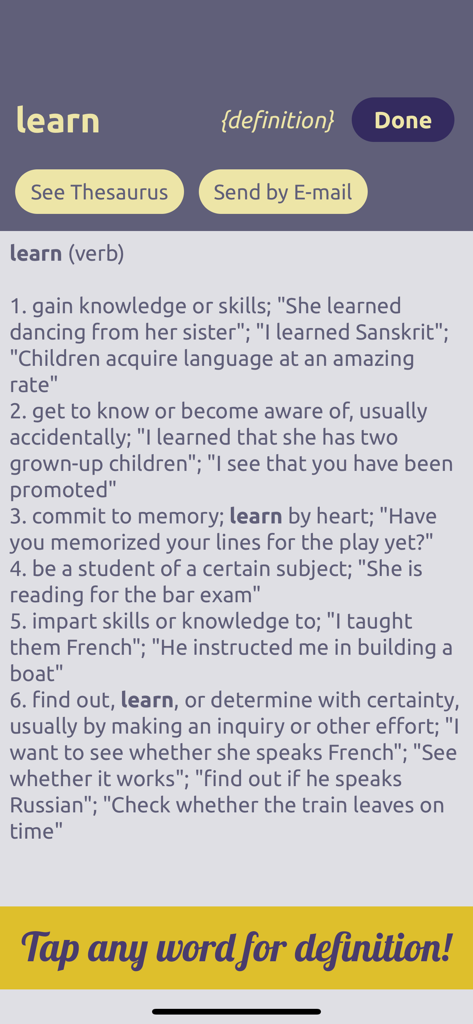 Spell Mania 앱 인터페이스에서 learn이라는 단어의 사전 정의