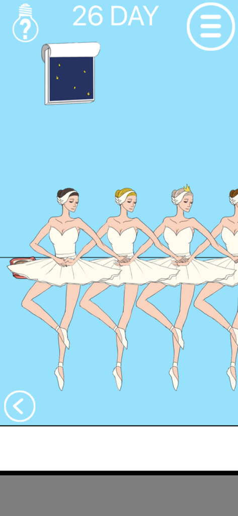 Hidden my ramen by mom 2 - Gameplay screenshot of Hidden my ramen by mom 2 showing a row of ballerinas on stage for level 26