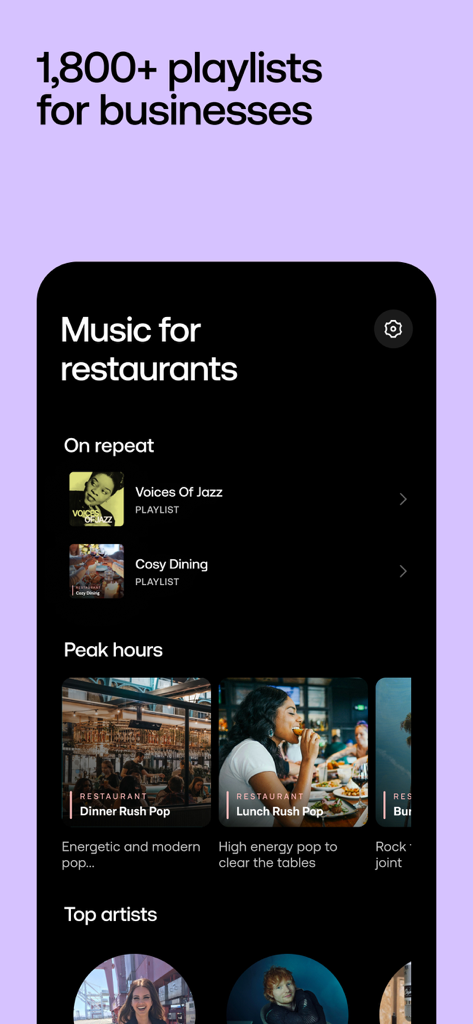 Soundtrack app interface displaying curated music playlists for restaurants and business peak hours.