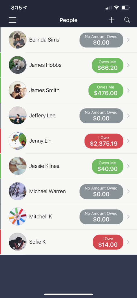 Screenshot of the Cash Lender app showing a list of contacts with specific amounts owed or lent for each person.