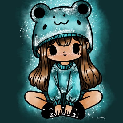 a girl wearing a frog hat and some frog socks