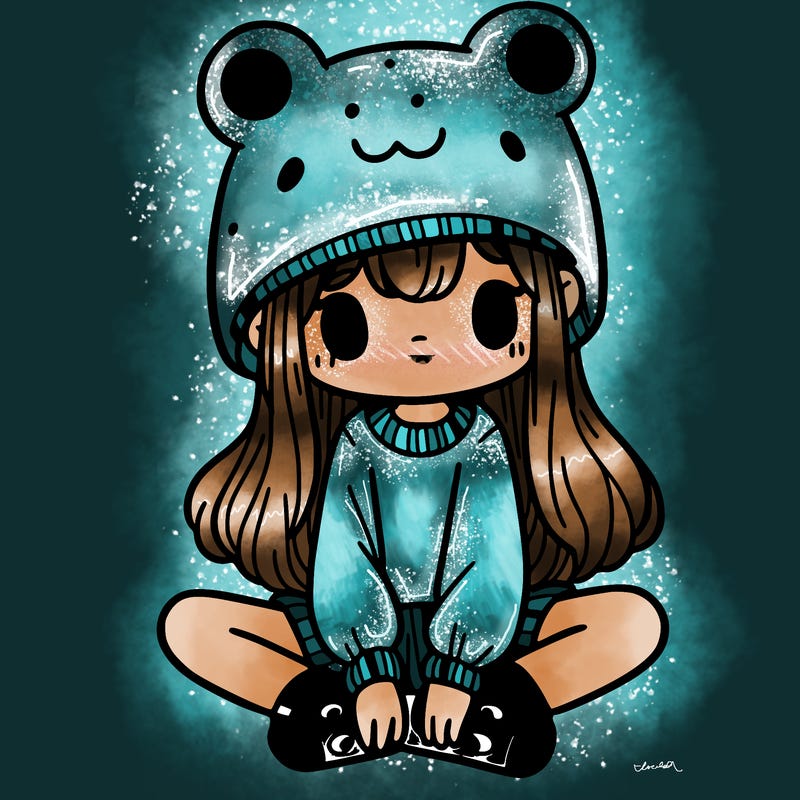 a girl wearing a frog hat and some frog socks