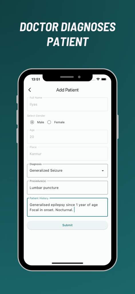 SmartDose app screen showing a doctor's interface for adding patient details and medical diagnosis history.