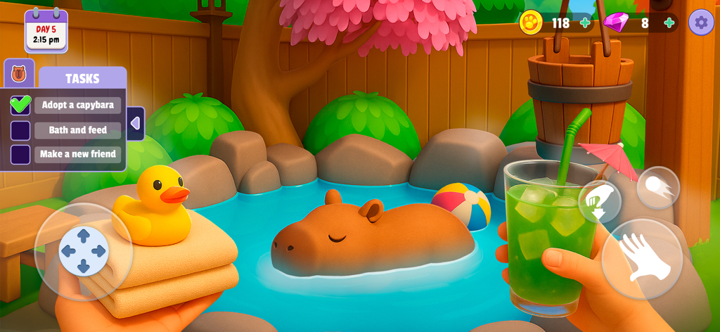 A capybara relaxing in a pool with a rubber duck and a green drink in Capybara Simulator