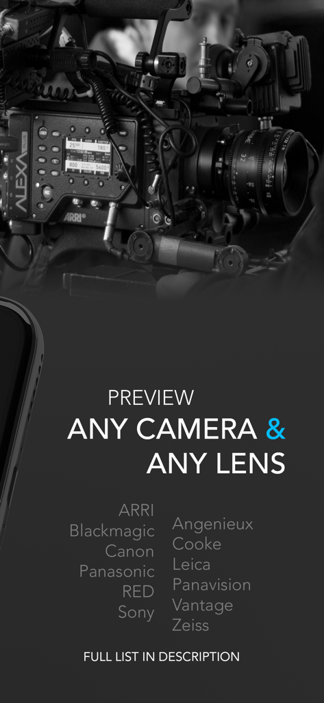 Cadrage Director's Viewfinder - Cadrage app screen showing compatibility with professional cinema cameras and lenses like ARRI RED and Sony