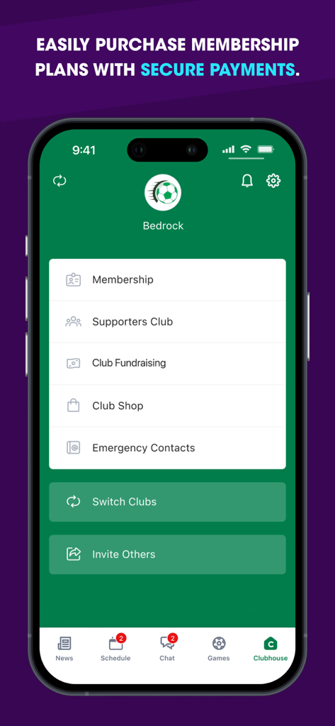 ClubZap - ClubZap app Clubhouse screen showing options for membership, club shop, and secure payments for local sports clubs