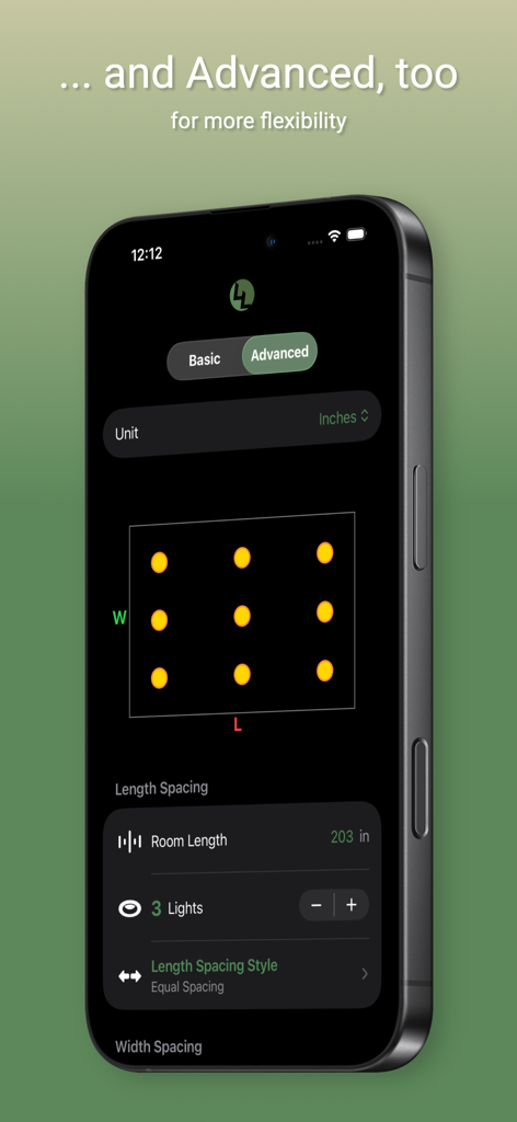 Interface of Lumen Layout app showing advanced mode for calculating recessed light spacing with a room grid diagram