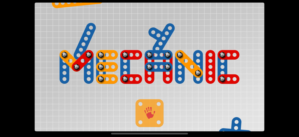 Mecanic - La parola Mecanic scritta utilizzando piastre e viti da costruzione virtuali colorate su uno sfondo a griglia