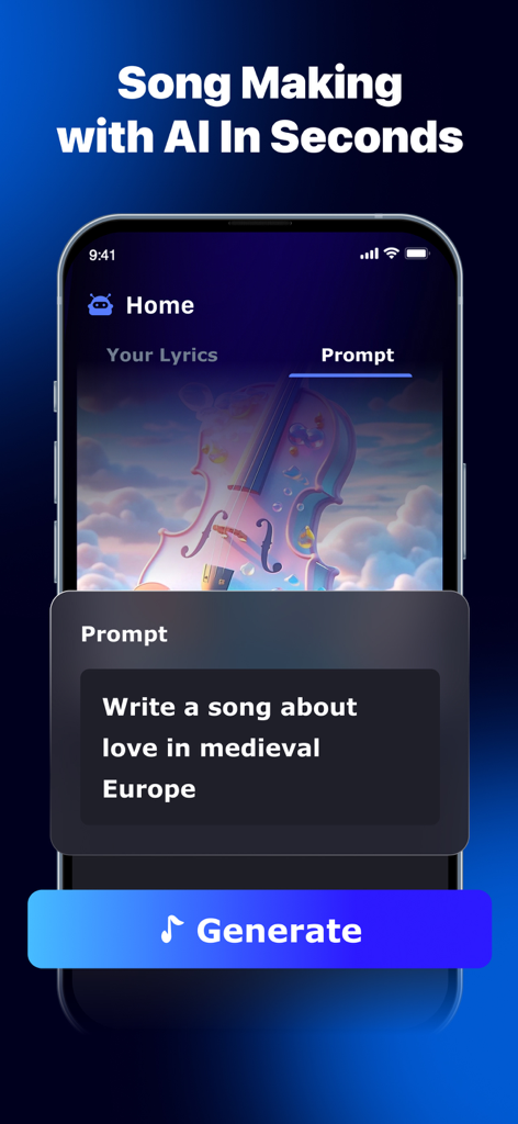 AI Song Generator: Music Maker - A mobile app screen showing a prompt window for an AI song generator with the text Write a song about love in medieval Europe and a blue generate button.