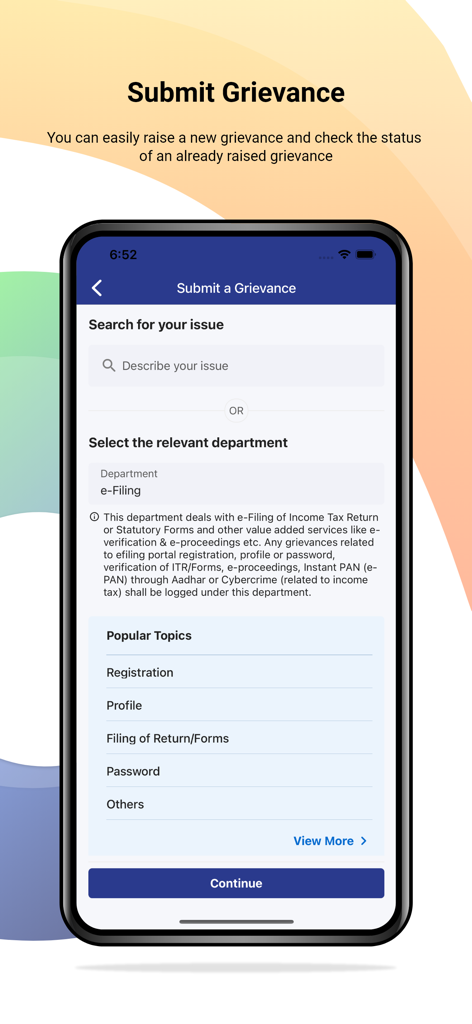 My I-tax - 인도 소득세 부서 서비스에 대한 민원 제출 페이지를 보여주는 My I-tax 앱의 인터페이스