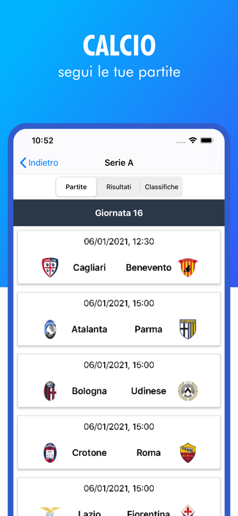 Italian Serie A soccer match schedule on the Oggi in TV app