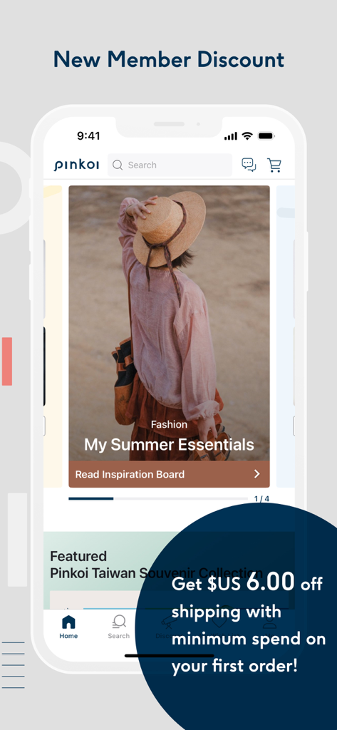 Écran d'accueil de l'application Pinkoi montrant une réduction d'expédition pour les nouveaux membres et un tableau d'inspiration de mode d'été.