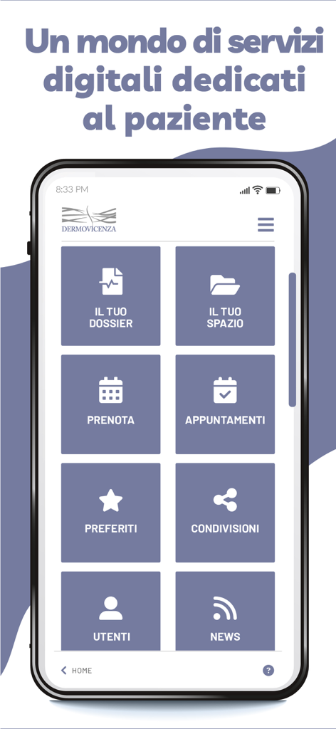 Dermovicenza - Dermovicenza App Dashboard mit Icons für digitale Gesundheitsakten und Terminbuchung