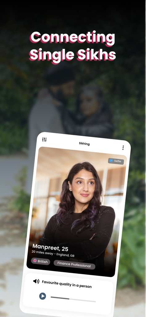User profile on the Sikhing dating app showing a young professional woman