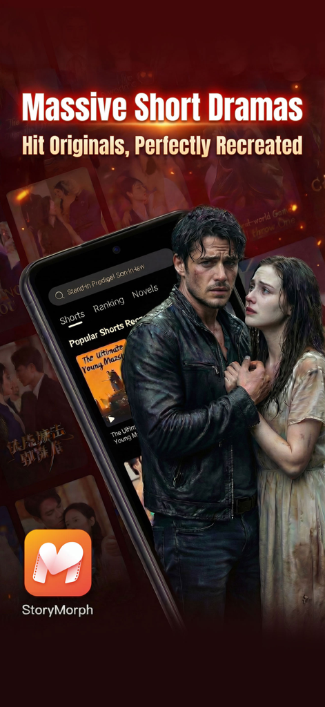 StoryMorph-Novels to Dramas - Pantalla de la aplicación StoryMorph mostrando categorías de dramas cortos y adaptaciones de novelas con imágenes dramáticas