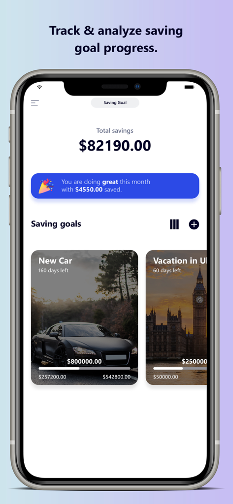 Savings Goal: Piggy Bank - Dashboard view of the Savings Goal app showing total savings and visual progress cards for car and vacation goals