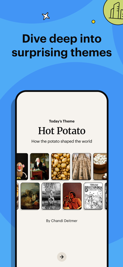 Spark: Puzzles for the Curious - Spark app screen showing a daily educational puzzle theme about potatoes and history