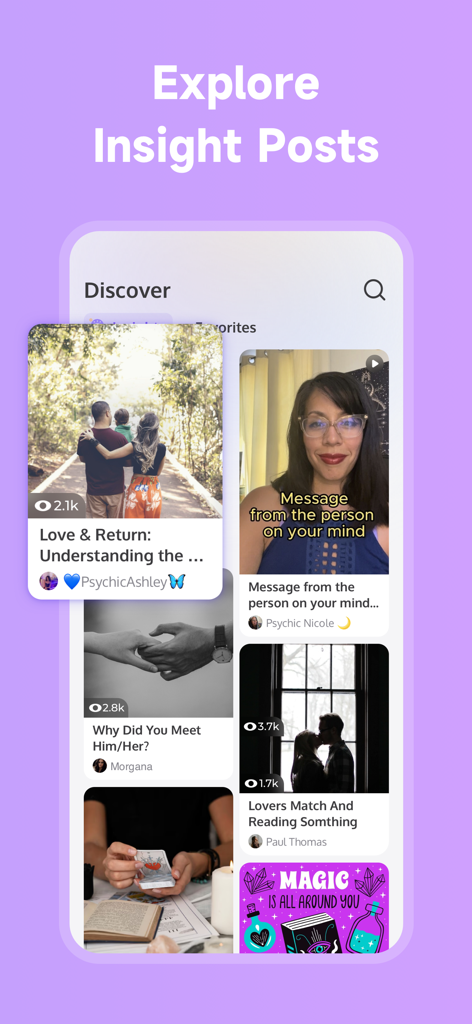 Soulight-Online Psychic Advice - Un écran de découverte dans l'application Soulight montrant divers articles d'aperçus psychiques sur les relations et les lectures de tarot.