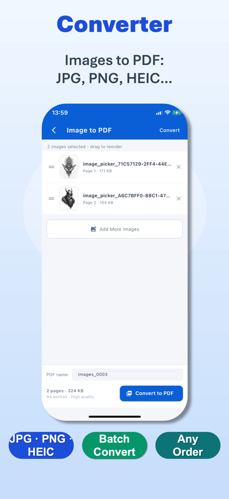 PDF Maker: Scanner & Converter - Una captura de pantalla que muestra la función de conversión de imagen a PDF en la aplicación PDF Maker con opciones para procesamiento por lotes y reordenación de archivos
