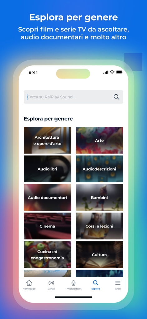 RaiPlay Sound: radio e podcast - RaiPlay Sound アプリのエクスプローラーセクションのスクリーンショット。イタリアのコンテンツカテゴリが含まれています。