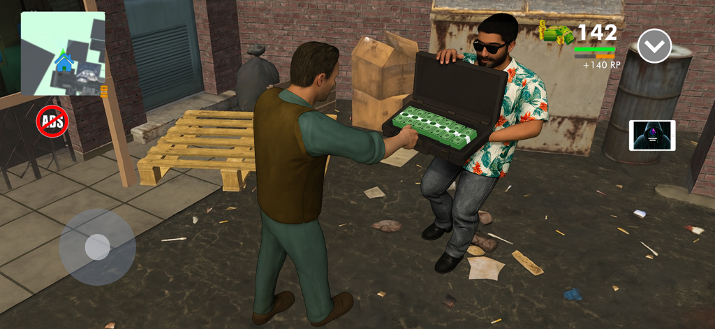 Un personaje presentando un maletín lleno de dinero en una transacción de un juego de simulación de crimen.